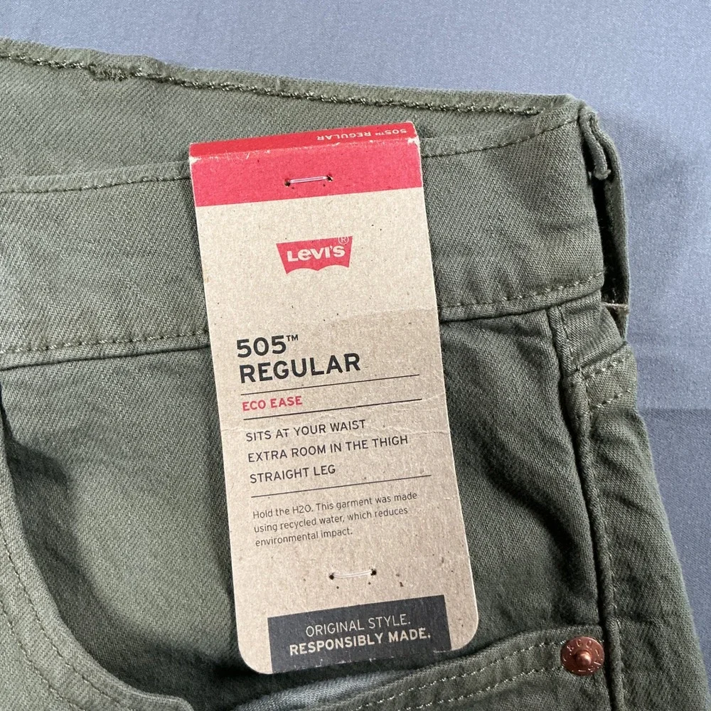Levis 505 Regular Fit Mens 38x32 Olive Green Eco Ease Straight Leg Pants New